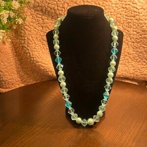 Aqua tones beaded necklace w/ gold-tone barrel clasp
